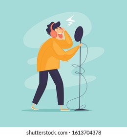 Recording a song in the studio. Flat design vector illustration.	