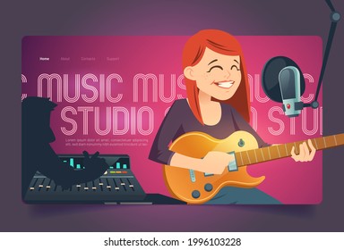 Recording studio cartoon landing page, singer woman with guitar sing in music booth with microphone and engineer capturing, mixing and mastering samples on sound recorder board, vector illustration
