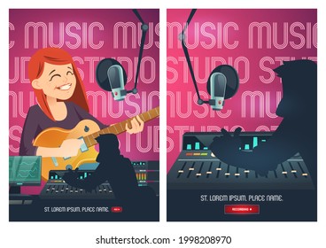 Recording studio cartoon poster, singer woman with guitar sing in music booth with microphone and engineer capturing, mixing and mastering samples on sound recorder board, vector illustration