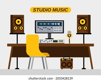 recording Studio Control Room Interior. Music Recording Studio concept flat design