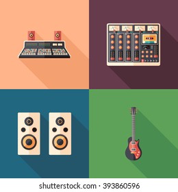 Equipo de estudio de grabación de iconos cuadrados planos. Conjunto 2