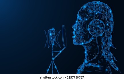 Recording studio. A girl with headphones sings in front of a microphone. Polygonal design of interconnected lines and points. Blue background.