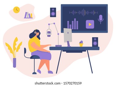 The recording studio. The girl is sitting with her headphones on. Female speak into the microphone. Flat vector illustrstion.