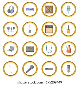 Recording studio icons circle gold in cartoon style isolate on white background vector illustration