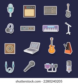 Recording studio icons set stikers collection vector with shadow on purple background