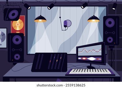 Recording studio interior or music record equipment. Vector music production space with advanced audio items. Professional microphone, mixer and control console. Sound and musical session, vocal