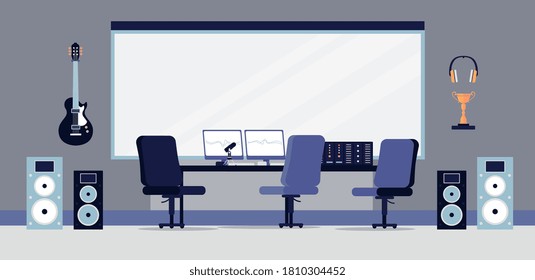 Recording Studio Interior With Sound Equipment And Furniture, Flat Vector Illustration. Empty Studio For Music Production With Workplace Of Sound Engineer.