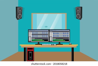 Recording studio interior with sound equipment and furniture, Record producer or audio engineer workplace, recording studio control room, computer audio editing program