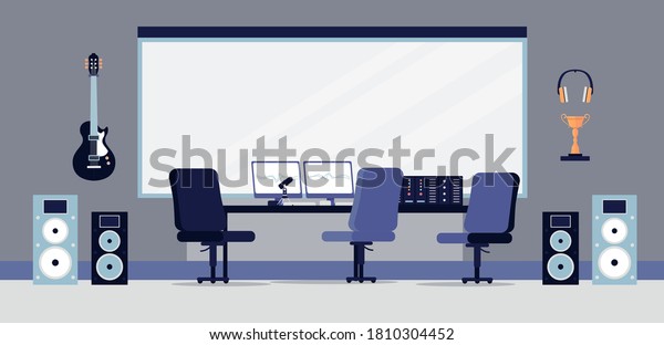 Recording studio interior with sound\
equipment and furniture, flat vector illustration. Empty studio for\
music production with workplace of sound\
engineer.