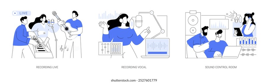 Recording studio isolated cartoon vector illustrations set. Diverse people record live in studio, woman singing into microphone, sound control room, editing and mixing music vector cartoon.