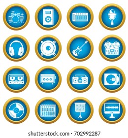 Recording studio items icons blue circle set isolated on white for digital marketing