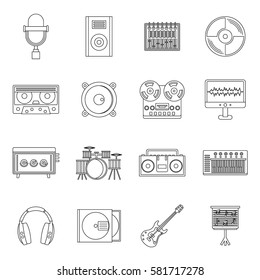 Recording studio items icons set. Outline illustration of 16 recording studio items vector icons for web