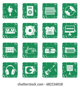 Recording studio items icons set in grunge style green isolated vector illustration