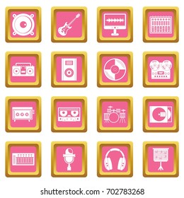 Recording studio items icons set in pink color isolated vector illustration for web and any design