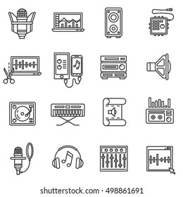 Recording studio, line icons set. Sound recorder, symbols collection. Sound recording studio elements. Recording and sound processing, vector linear illustration