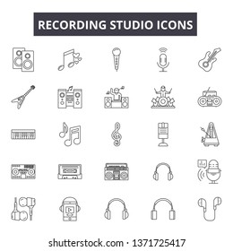 Recording studio line icons, signs set, vector. Recording studio outline concept, illustration: music,sound,studio,audio,microphone,equipment,radio