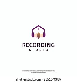 diseño del logotipo de estudio de grabación, casa con logotipo de auriculares, casa con logotipo de audio de espectro icono moderno