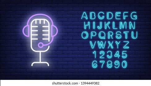 Recording studio neon icon. Mic and headset on brick wall background. Sound equipment concept. Vector illustration can be used for neon signs, billboards, show business