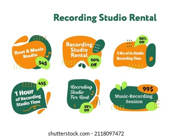 Recording studio rental offer, template label set. Isolated on white badge collection for audio production promo. Music broadcasting advertising sticker, vector illustration