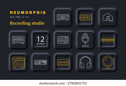 Recording studio set icon. Mixer, interface, cloud, microphone, waveform, radio, headphones, onair, sound, audio, music, production, equipment, record, broadcast
