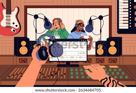 Recording studio. Sound engineer with mixer and singers with microphones in room record song. Producer mix audio, voice with musician equipment, AMP. Music production. Flat vector illustration