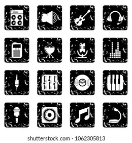 Recording studio symbols icons set vector grunge isolated on white background 