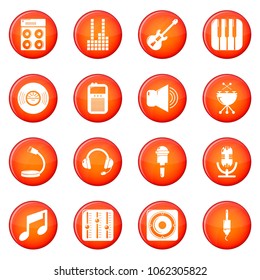 Recording studio symbols icons set vector red circle isolated on white background 