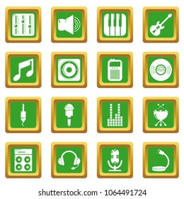 Recording studio symbols icons set vector green square isolated on white background 
