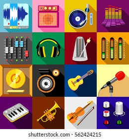 Recording studio symbols icons set. Flat illustration of 16 recording studio symbols vector icons for web