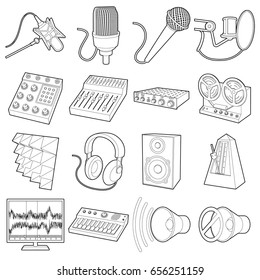 Recording studio symbols icons set. Outline illustration of 16 recording studio symbols vector icons for web