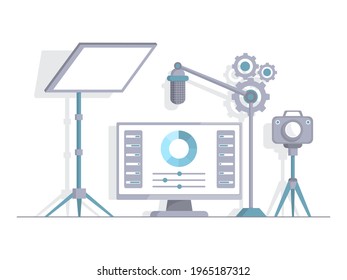 Recording studio vector flat illustration. Light screen, microphone, video camera for making audio or video content, streaming. Studio for bloggers, TV, or radio hosts. Social media concept.