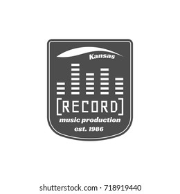 Recording studio vector label, badge, emblem logo with musical instrument. Stock vector illustration isolated on white background.