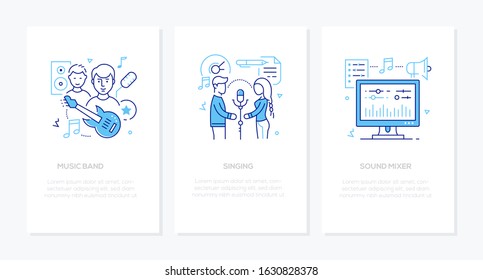 Recording studio - vector line design style banners set with place for text. Music band performing, duet singing into the microphone, sound mixer illustrations with icons. Guitars, equalizer images