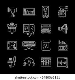 Recording studio, white line icons. Sound recording and processing equipment. Essential for music and media production themes. Symbols on black background. Editable stroke.