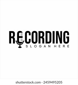 "Recording" text logo design with microphone illustration on letter E.