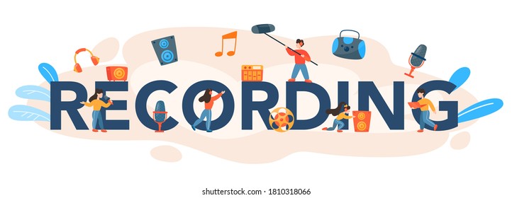 Recording typographic header. Music production industry, sound recording studio equipment. Creator of a movie soundtrack. Vector illustration in cartoon style