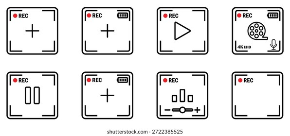 Ícones de IU de gravação mostrando quadros de gravação da câmera com indicador de gravação, reproduzir, pausar, nível de áudio, microfone e símbolos de vídeo 4K em estilo de contorno limpo.