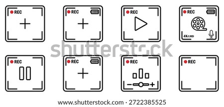 Recording UI Icons showing camera recording frames with rec indicator, play, pause, audio level, microphone, and 4K video symbols in clean outline style.