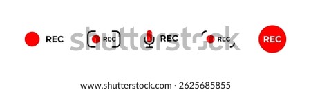 Recording video icons with red dot vector symbols.
Media capture signs in simple flat interface design