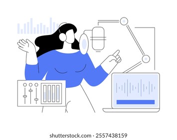 Recording vocal isolated cartoon vector illustrations. Happy girl in headphones records song in professional studio, entertainment business, service sector, music production vector cartoon.