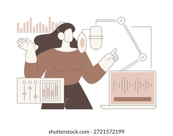 Gravando ilustrações isoladas de vetor de desenhos animados vocais. Happy girl em fones de ouvido grava música em estúdio profissional, negócios de entretenimento, setor de serviços, produção de música vetor cartoon.