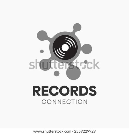 Records Connection Logo Design Template. A modern and abstract logo featuring a vinyl record surrounded by connected nodes, symbolizing networking, communication, and shared music experiences. The organic composition creates a sense of connectivity and flow, while the clean vector style ensures clarity and scalability. This minimalist design is ideal for social platforms, music communities, digital networks, or tech startups. Its adaptable structure allows seamless use across apps, websites, and branding materials, delivering a professional identity that communicates interaction and collaboration.  