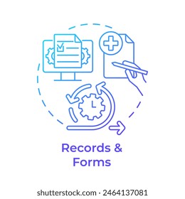Icono de concepto de degradado azul de registros y formularios. Control de documentos, gestión de registros. Ilustración de línea de forma redonda. Abstractas idea. Diseño gráfico. Fácil de usar en infografía, presentación
