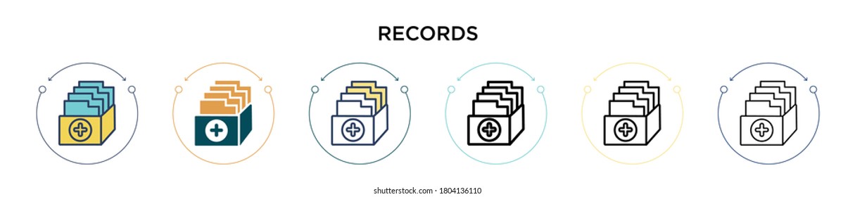 Records icon in filled, thin line, outline and stroke style. Vector illustration of two colored and black records vector icons designs can be used for mobile, ui, web