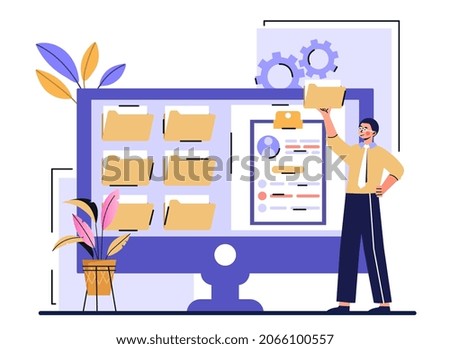 Records management concept. Man stands next to computer monitor and sorts information into folders. Order in digital files and documents. Employee perform inventory. Cartoon flat vector illustration