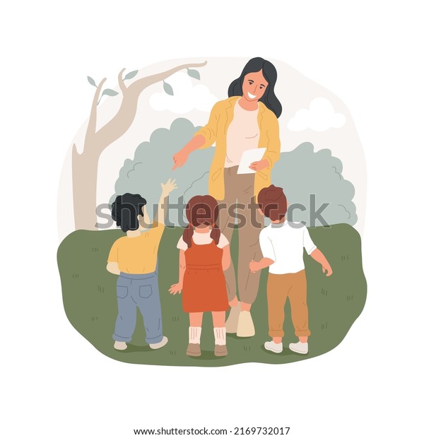 Recounting isolated cartoon vector illustration.\
Adult person recounting pointing at children, early education,\
preschool field trip security, safety measure, excursion vector\
cartoon.
