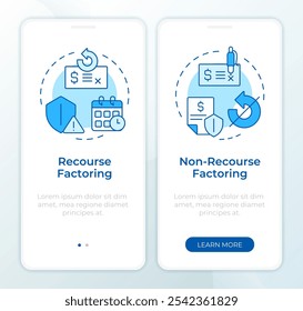 Pantalla de App móvil de incorporación de recurso, factoring sin recurso azul. Instrucciones gráficas editables de 2 pasos con conceptos lineales. PLANTILLA UI, UX, GUI