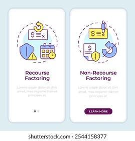Pantalla del App móvil de incorporación de factoring sin recurso VS. Instrucciones gráficas editables de 2 pasos con conceptos lineales. PLANTILLA UI, UX, GUI