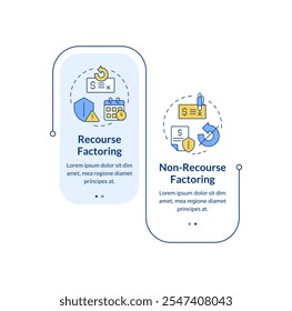 Vetor infográfico de retângulo de fatoração de recurso VS não-recurso. Tipos de acordo financeiro. Visualização de dados com 2 etapas. Gráfico editável de opções retangulares