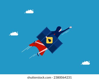 Recover from the commodity crisis. Businesswoman hero holding a gas tank flying in the sky